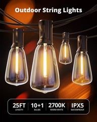 VIPAR Outdoor String Lights 25FT LED Patio IPX5 Waterproof 25FT, Black
