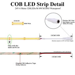 20FT 6M 24V COB LED Strip Lights 6000K Cool White 320LEDs/M Non Waterproof