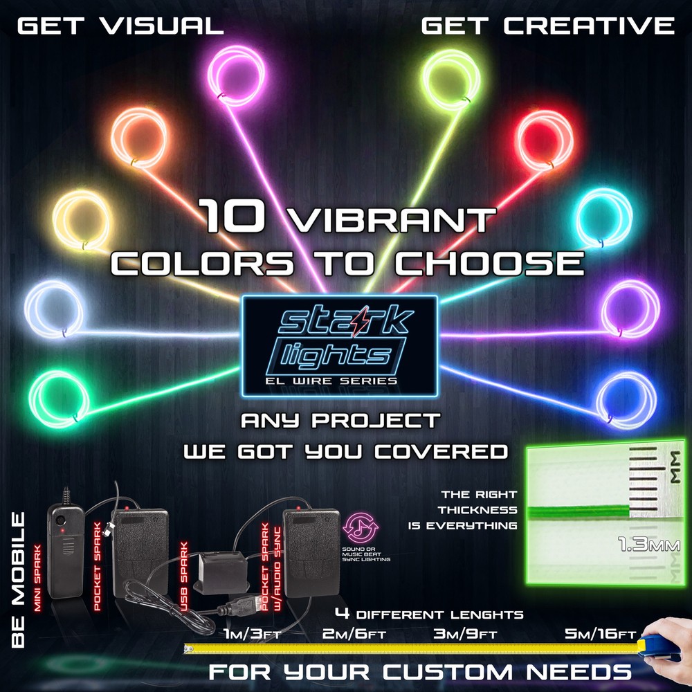Neon LED Light Glow EL Wire + Control String Strip Rope Tube Decor – 1.3mm Thick