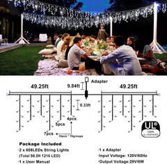 98FT 1216 LED Icicle Lights for Outside, 8 Modes 228 Drops, Cool White | Icicle