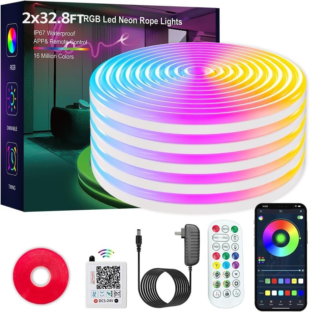 Neon Rope Lights, 50FT IC+RGB LED Strip Lights, App+Remote(2 Rolls of 32.8FT)