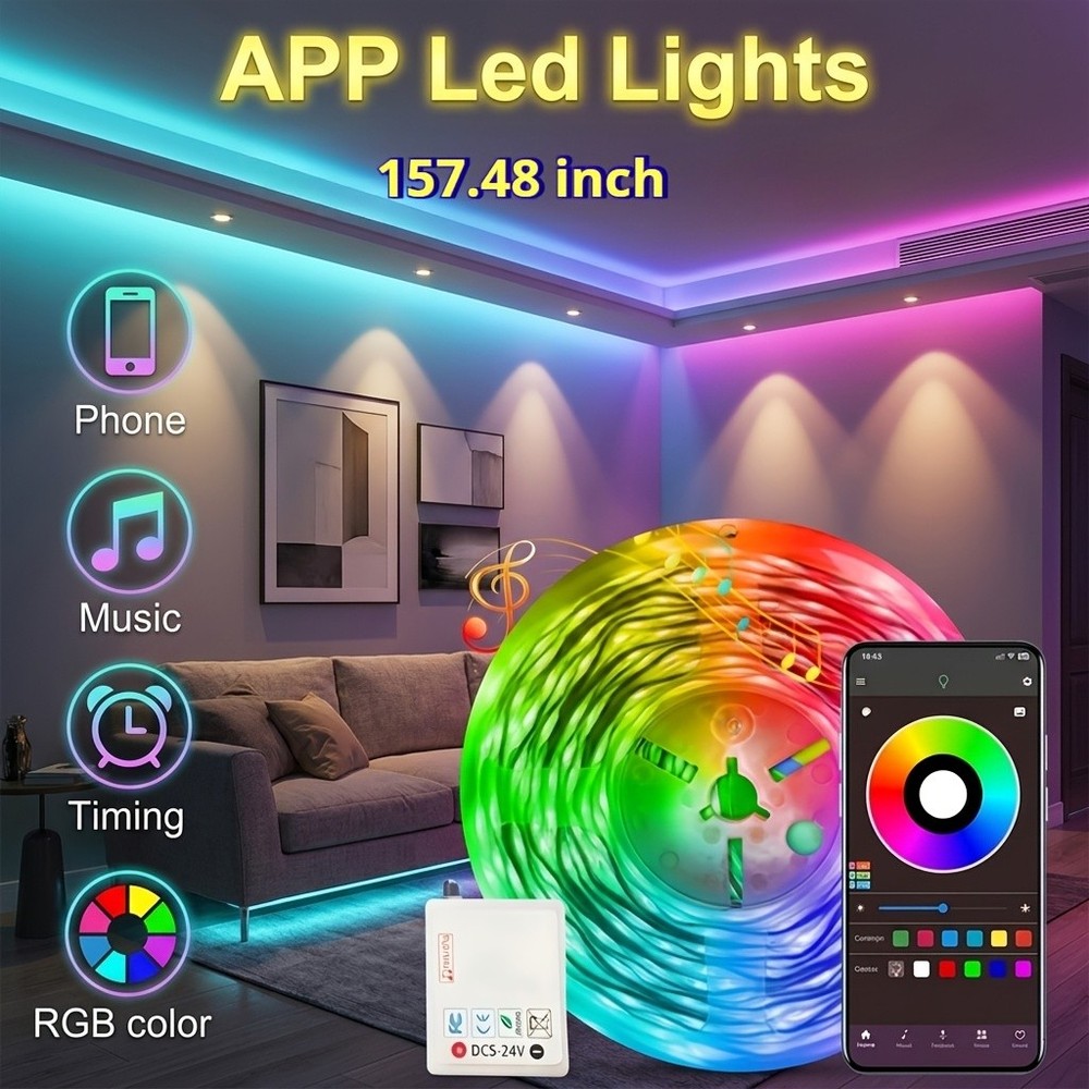 157.48inch Smart RGB LED Light Strip With App Control, Music Sync Color Changing