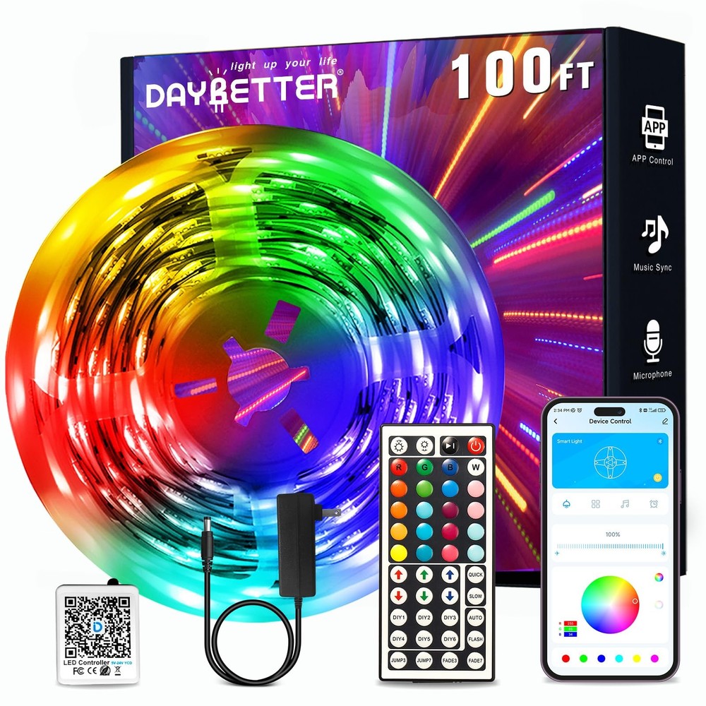 DAYBETTER LED Strip Lights 100ft, Smart Lighting with App 100FT, Multicolor