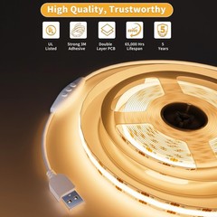 Dimmable 5V USB LED Strip Light 6.56ft, 1200lm, Warm White, RF Remote, Flexible