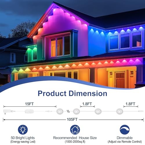 BRIGHTEVER PERMANENT OUTDOOR LIGHTS, 105FT SMART RGBIC OUTDOOR CHRISTMAS –
